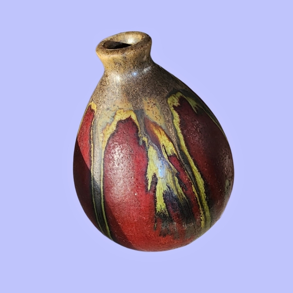 Burgundy Wine & Green Drip Glazed Small Round Ceramic Bud Vace - Picture 4 of 4